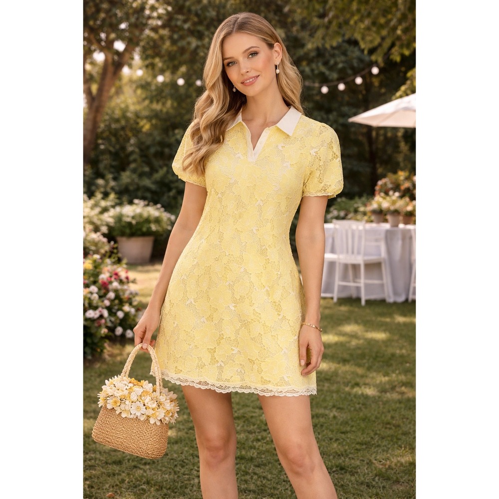 &merci Floral Lace‎ Polo Mini Dress W Small Yellow Preppy Chic Mod Lace Pastel